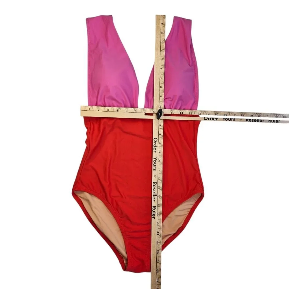 J. Crew Plunge V-Neck One-Piece Swimsuit Orange & Pink, Size M, Good Condition